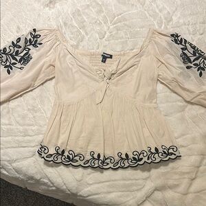 Express Beige Off-Shoulder Blouse with Black Floral Detail